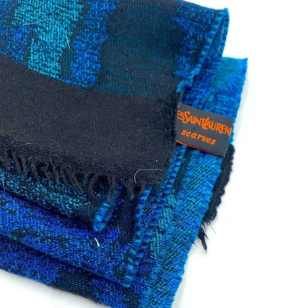 Auth Vtg Blue Green Black Abstract Yves Saint Laurent 70s Shawl Scarf. Pristine